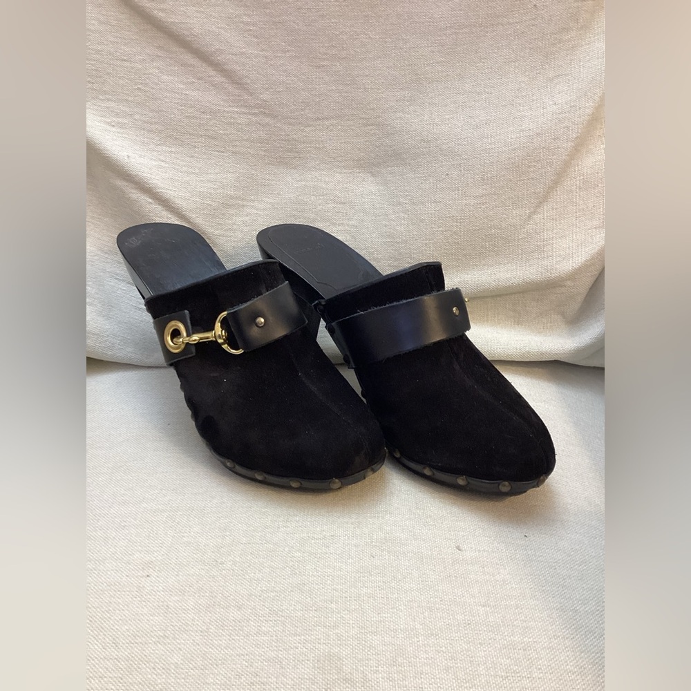 Coach Black Suede Mules with Gold Accent